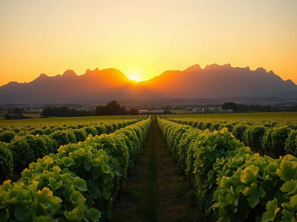 Malownicze winnice w Stellenbosch o zachodzie słońca na tle majestatycznych gór Cape Fold.