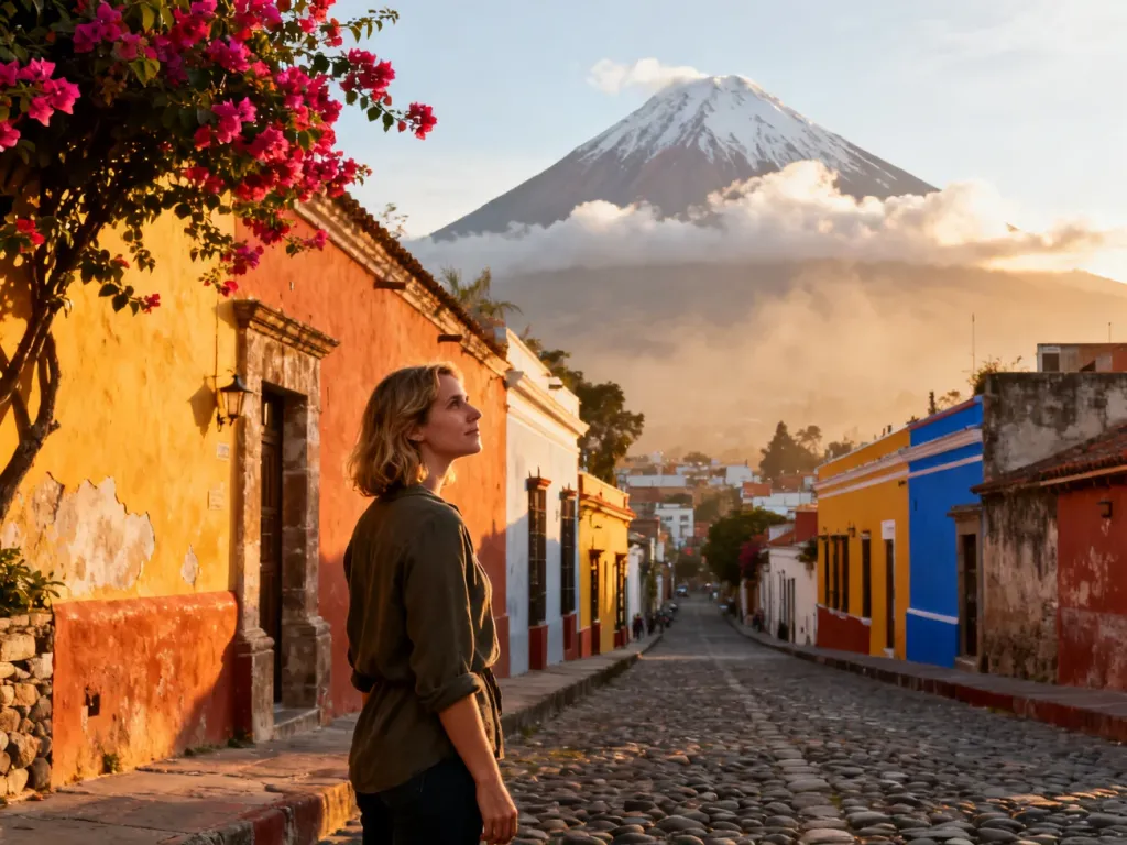 Turystka podziwiająca kolorową architekturę kolonialną w Antigua Guatemala na tle majestatycznego wulkanu Agua.