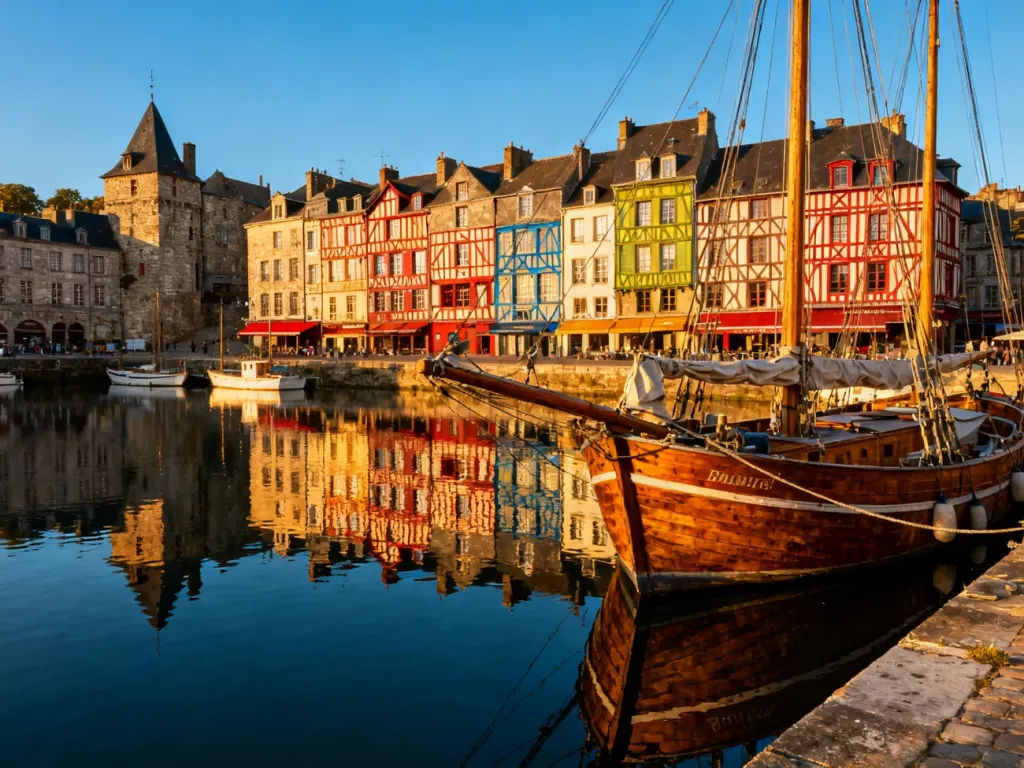 Malowniczy port w Honfleur z kolorowymi domami z muru pruskiego odbijającymi się w wodzie o zachodzie słońca.