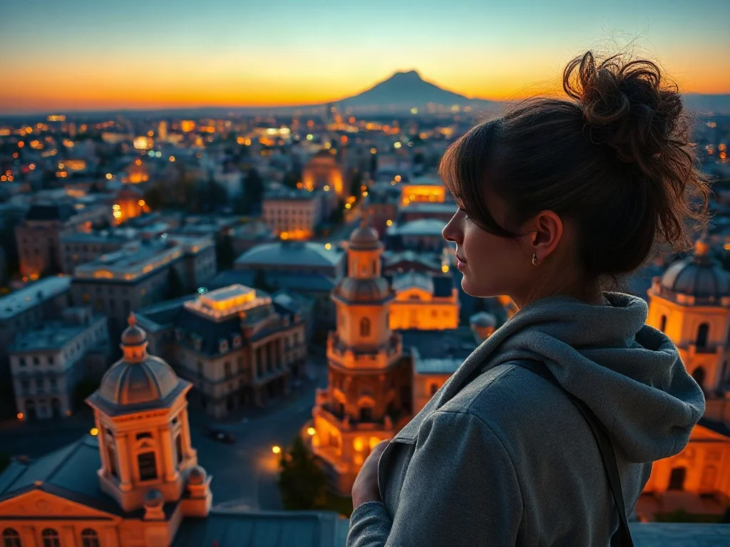Kobieta podziwiająca panoramę Erywania z kompleksu Kaskada o zachodzie słońca z widoczną w tle górą Ararat.