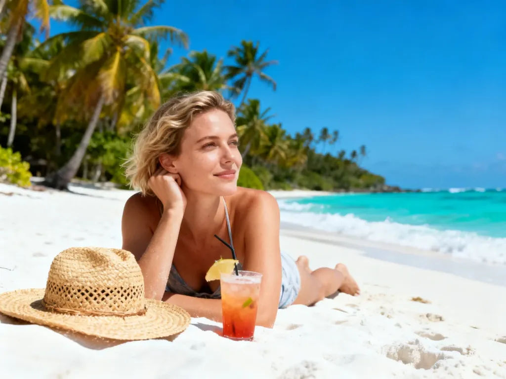 Kobieta wypoczywająca na tropikalnej plaży w styczniu, z drinkiem i słomkowym kapeluszem na tle turkusowego oceanu.