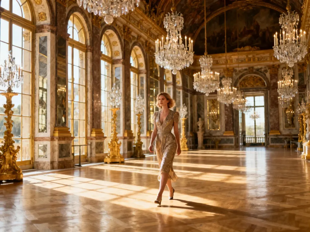 Elegancka kobieta spacerująca po pełnej przepychu Sali Lustrzanej w Pałacu Wersalskim w świetle słonecznym.