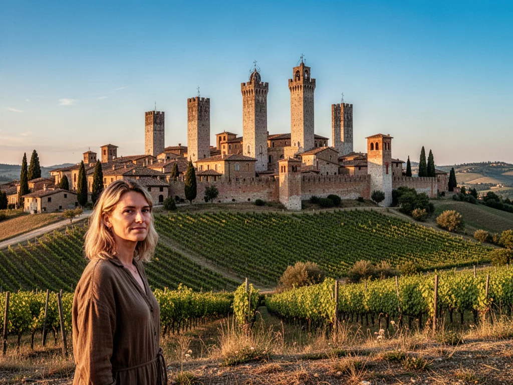 Panoramiczny widok na średniowieczne wieże San Gimignano i toskańskie winnice w promieniach zachodzącego słońca.