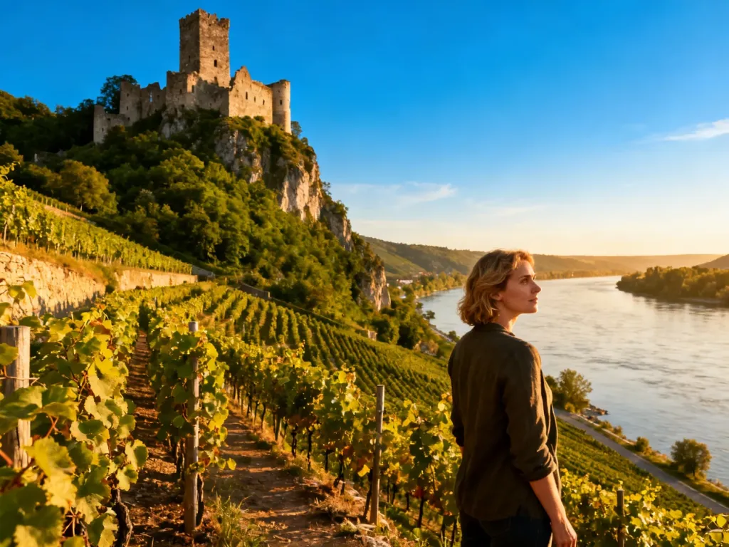 Kobieta podziwiająca panoramę doliny Wachau z winnicy, w tle ruiny średniowiecznego zamku nad Dunajem.