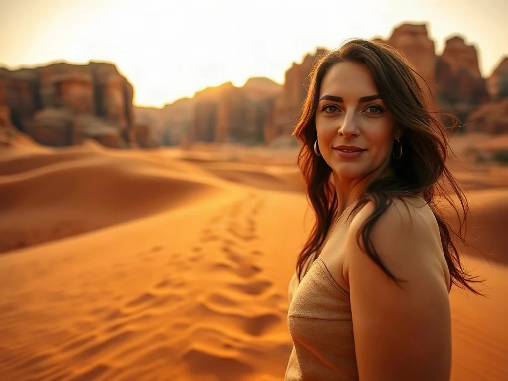 Turystka podziwiająca majestatyczne, czerwone wydmy i skaliste góry pustyni Wadi Rum w świetle zachodzącego słońca.