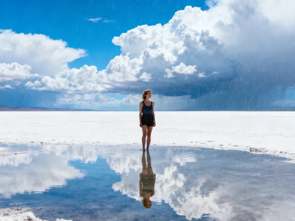 Turystka stojąca na lustrzanej tafli wody na solnisku Salar de Uyuni, w której odbija się błękitne niebo z chmurami.