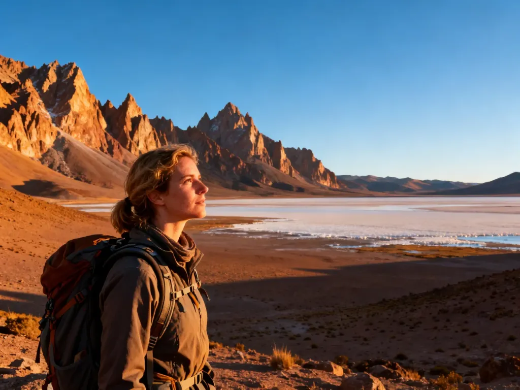 Turystka w stroju trekkingowym podziwia rozległy krajobraz pustyni Atacama o zachodzie słońca.