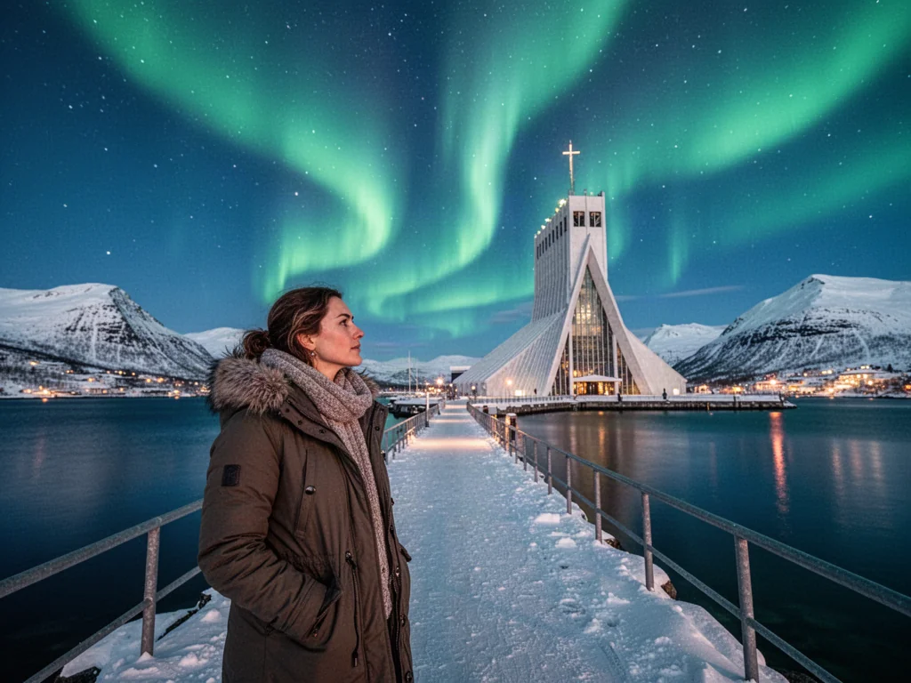 Kobieta w zimowej kurtce podziwia zorzę polarną nad Arktyczną Katedrą i ośnieżonymi górami w Tromsø.