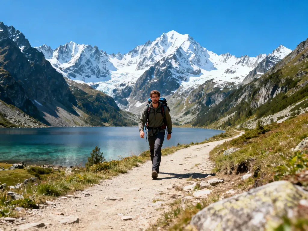 Turysta z plecakiem wędruje szlakiem w Tatrach z widokiem na Morskie Oko i ośnieżone szczyty w tle.