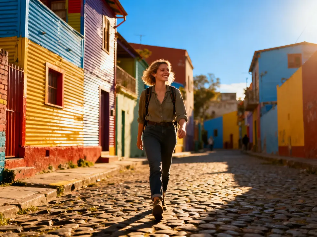 Uśmiechnięta turystka spacerująca po kolorowej uliczce Caminito w dzielnicy La Boca w Buenos Aires.