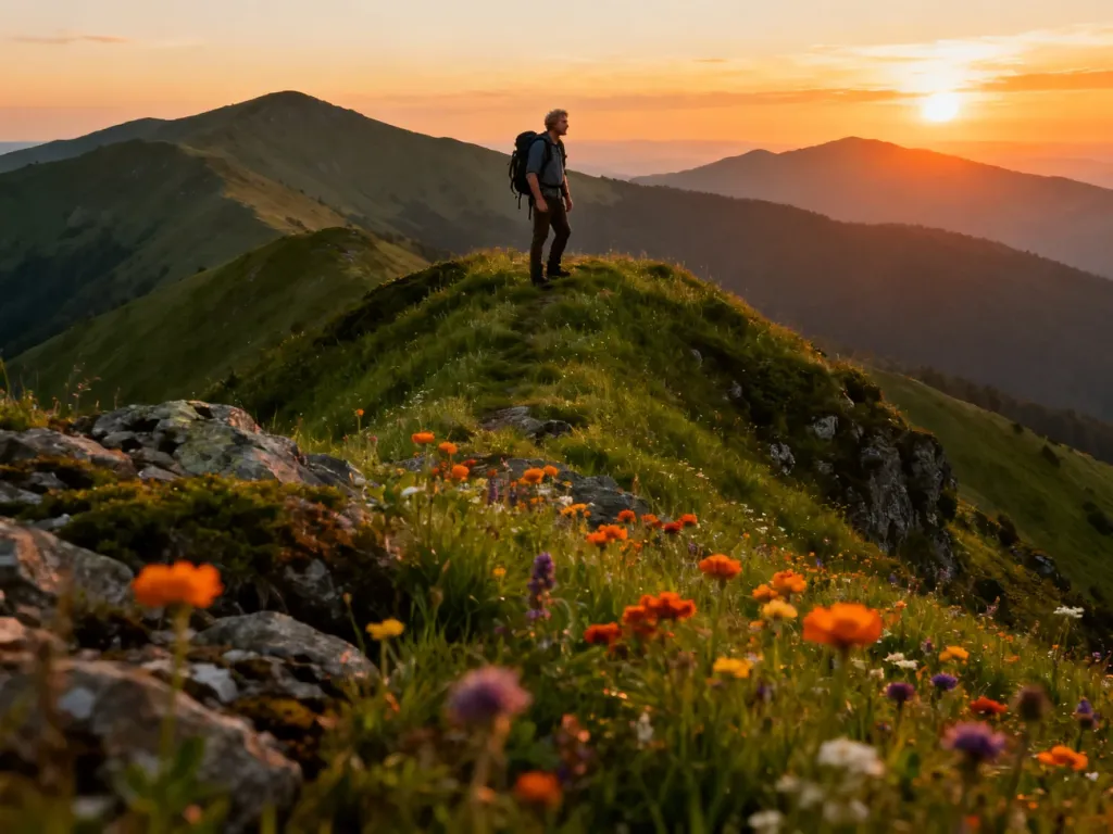 Turysta podziwiający panoramę Bieszczadów podczas zachodu słońca na tle zielonych połonin.