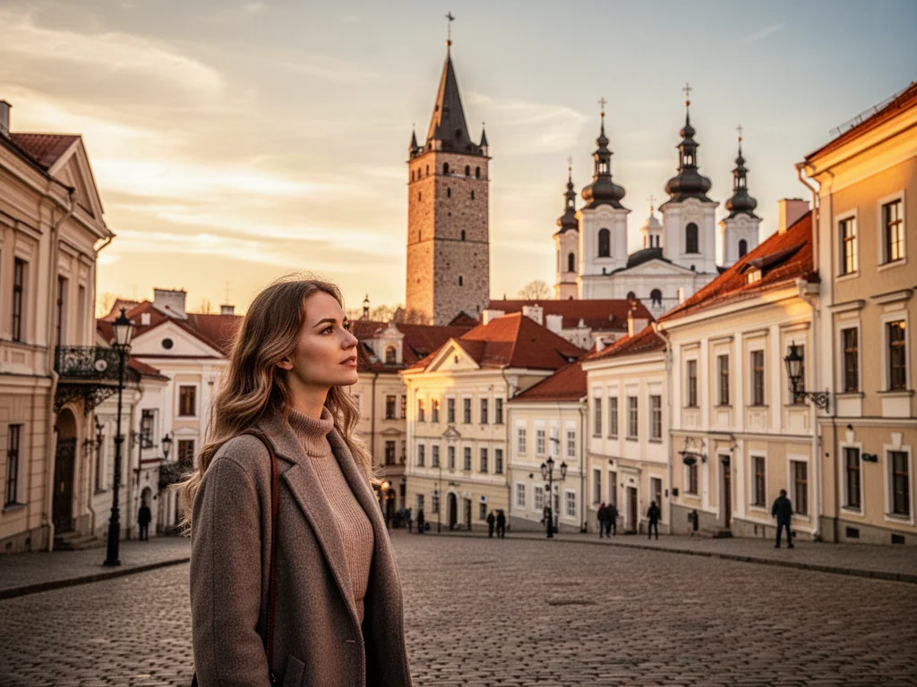Turystka podziwiająca panoramę wileńskiej Starówki z wieżą Giedymina w tle podczas zachodu słońca.