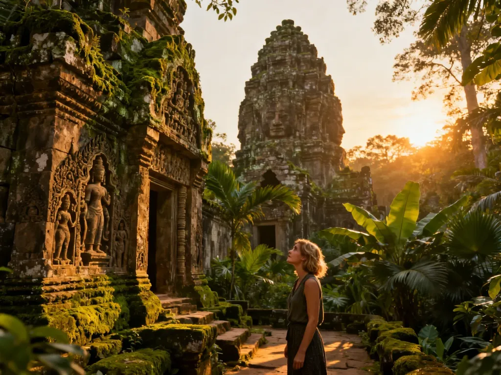 Turystka podziwiająca starożytne ruiny świątyni w Siem Reap o wschodzie słońca w otoczeniu tropikalnej dżungli.