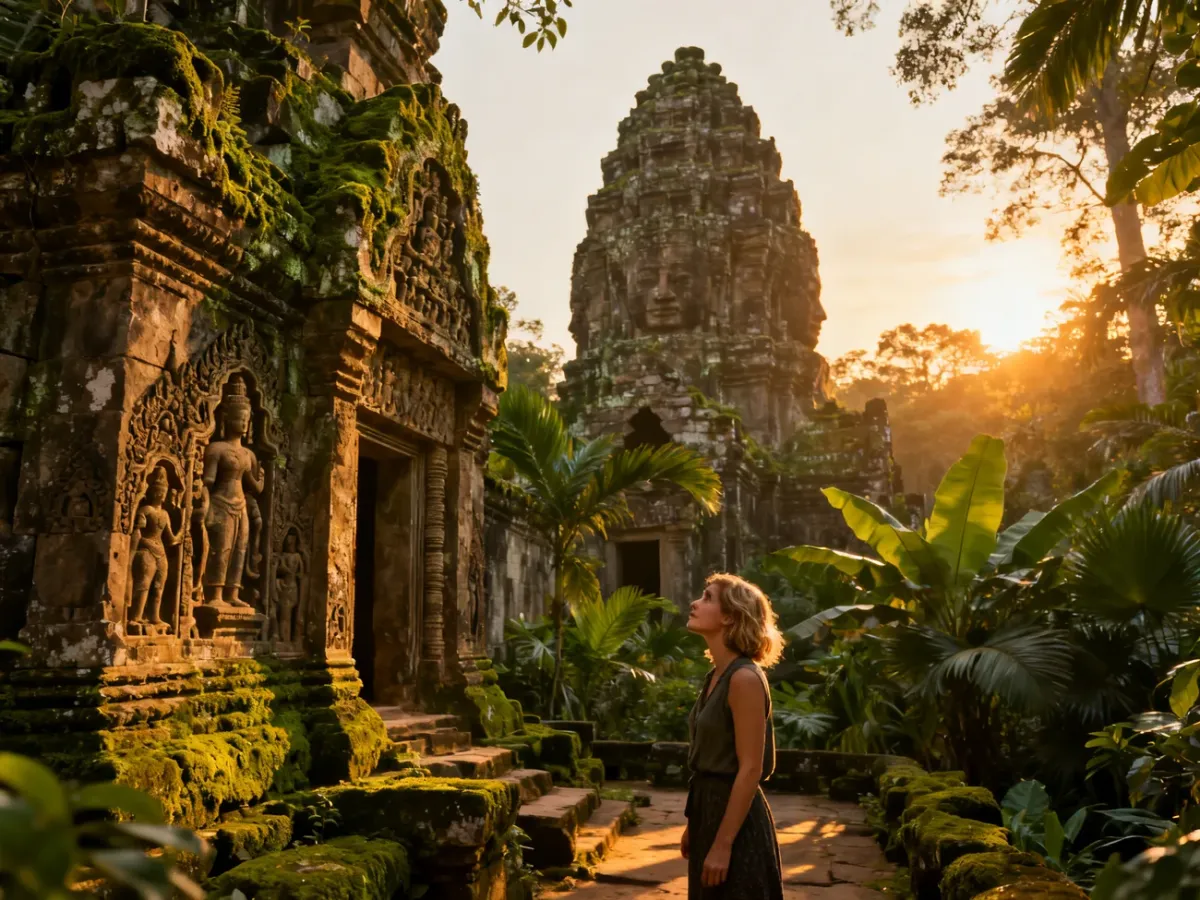 Turystka podziwiająca starożytne ruiny świątyni w Siem Reap o wschodzie słońca w otoczeniu tropikalnej dżungli.