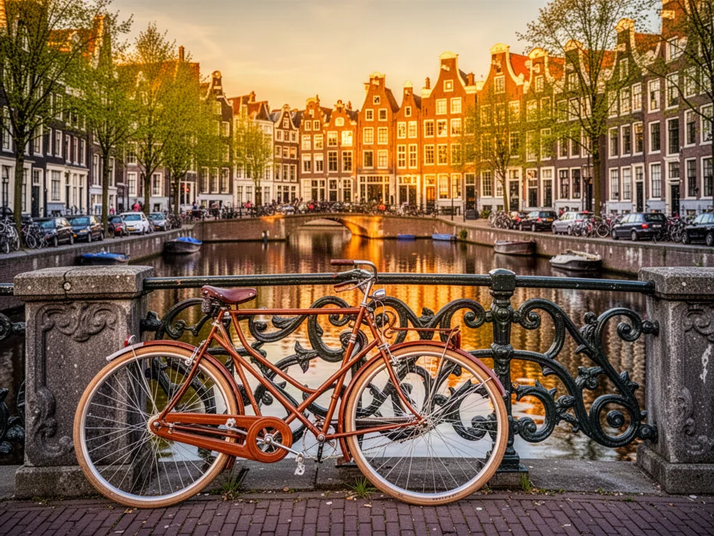Malowniczy kanał w Amsterdamie o zachodzie słońca z zabytkowymi kamienicami i rowerem opartym o kamienny most.