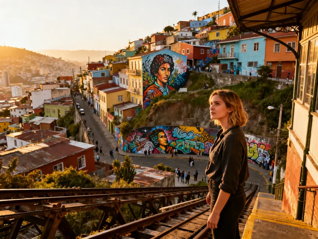 Turystka podziwia panoramę kolorowych wzgórz Valparaíso z zabytkowej kolejki linowej o zachodzie słońca.