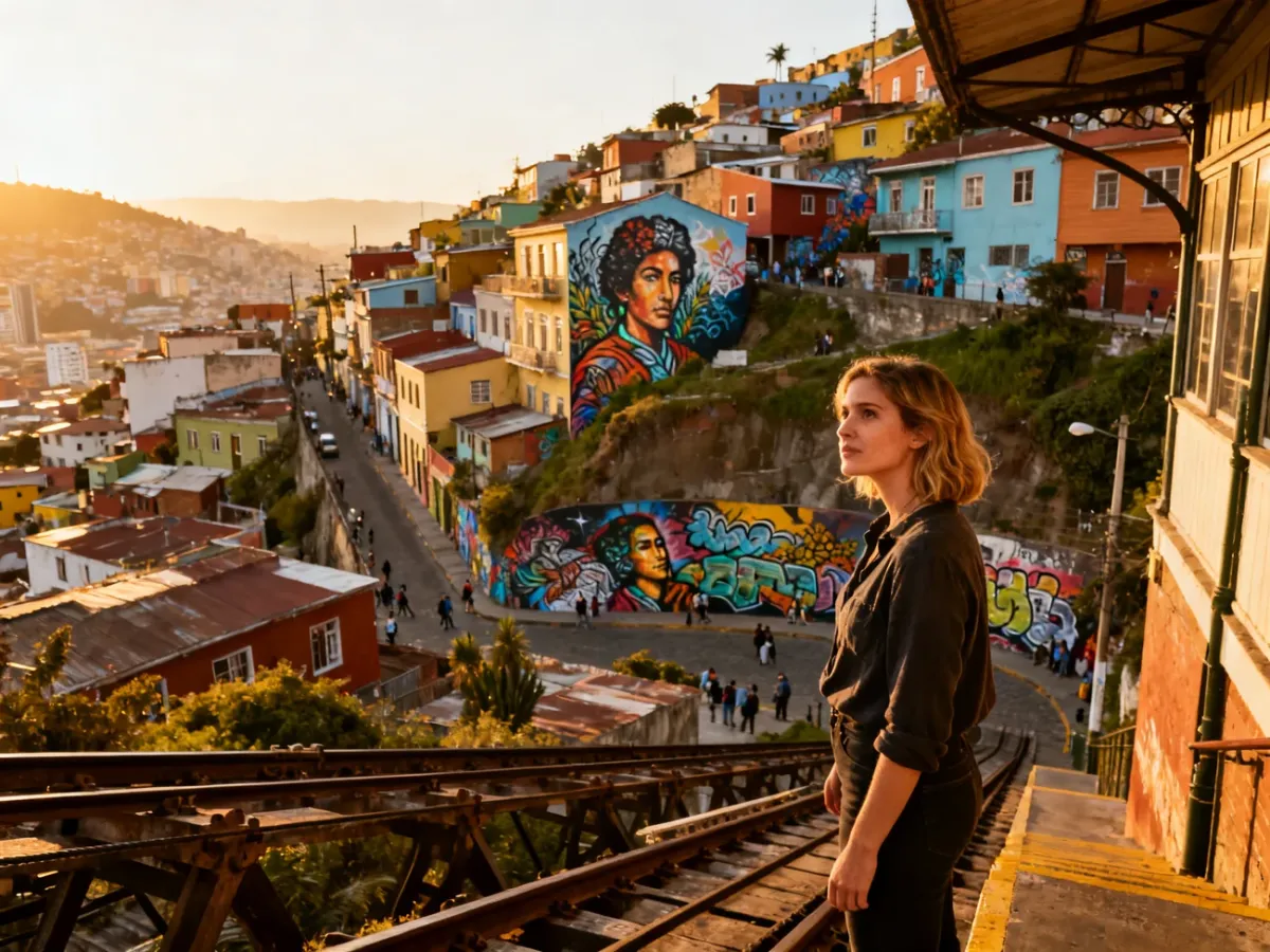 Turystka podziwia panoramę kolorowych wzgórz Valparaíso z zabytkowej kolejki linowej o zachodzie słońca.