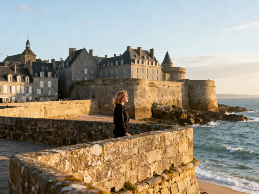Kobieta podziwiająca widok na morze z historycznych murów obronnych Saint-Malo w świetle zachodzącego słońca.