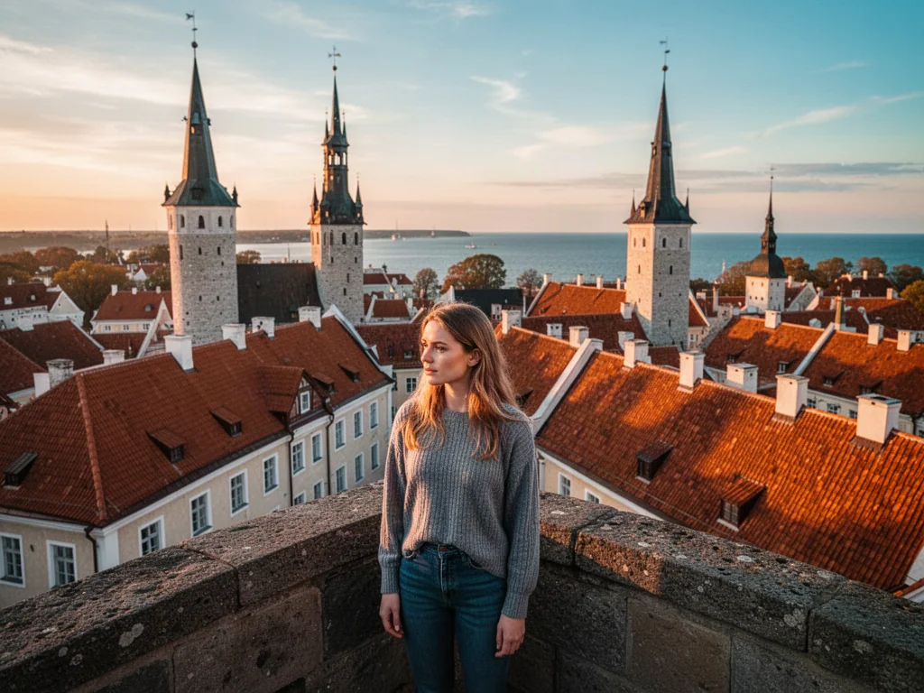 Kobieta podziwiająca panoramę Starego Miasta w Tallinnie z punktu widokowego podczas zachodu słońca.