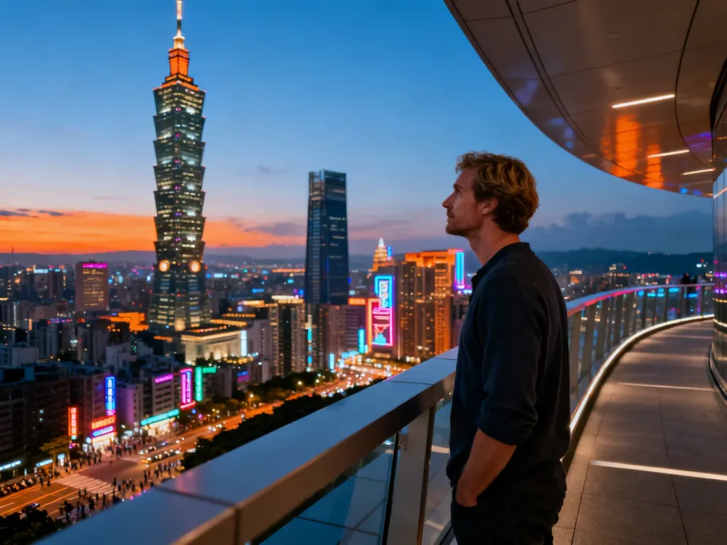Mężczyzna na tarasie widokowym podziwiający oświetlony wieżowiec Taipei 101 o zmierzchu.