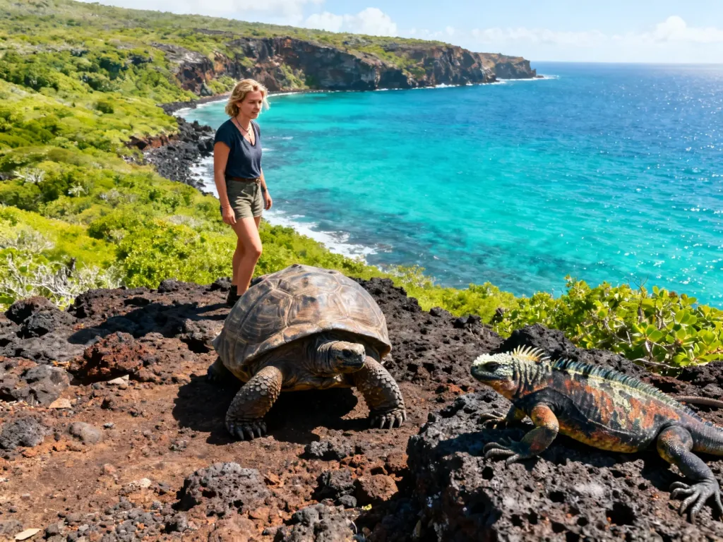 Turystka obserwuje żółwia olbrzymiego i legwana morskiego na tle wulkanicznego wybrzeża i turkusowego oceanu na Galapagos.