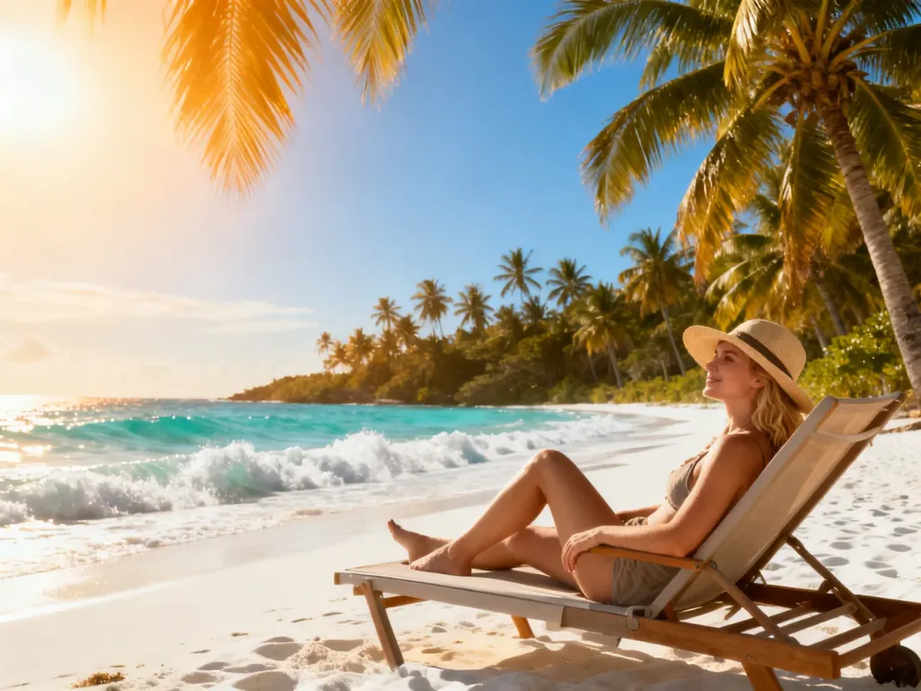 Kobieta wypoczywająca na leżaku na rajskiej, słonecznej plaży z turkusową wodą i palmami w tle.