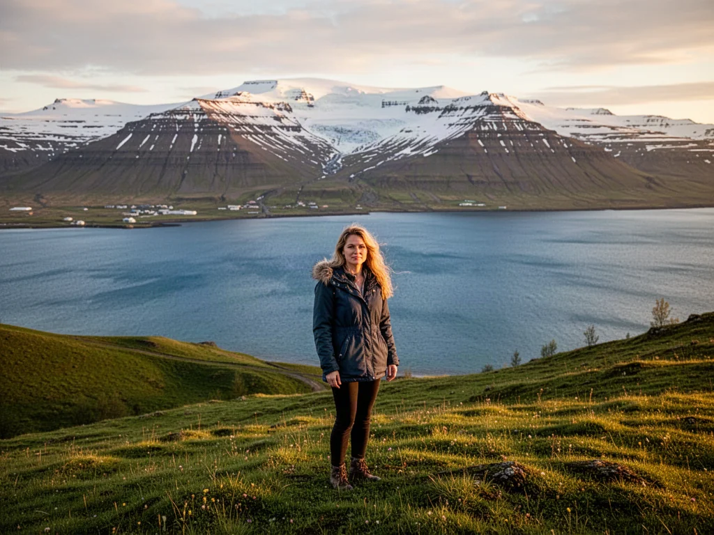 Kobieta podziwiająca panoramę fiordu Eyjafjordur i ośnieżone góry w Akureyri podczas złotej godziny.