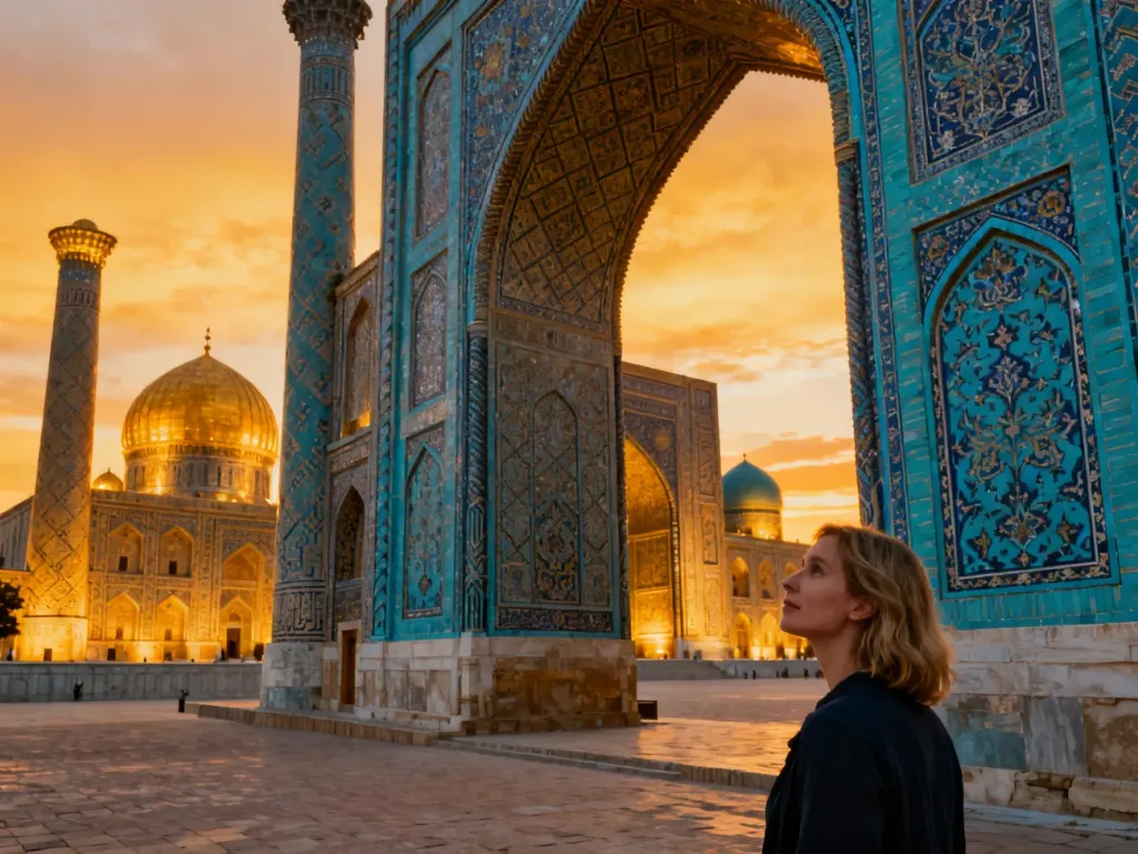 Turystka podziwiająca zabytkowe madrasy na placu Registan w Samarkandzie o zachodzie słońca.