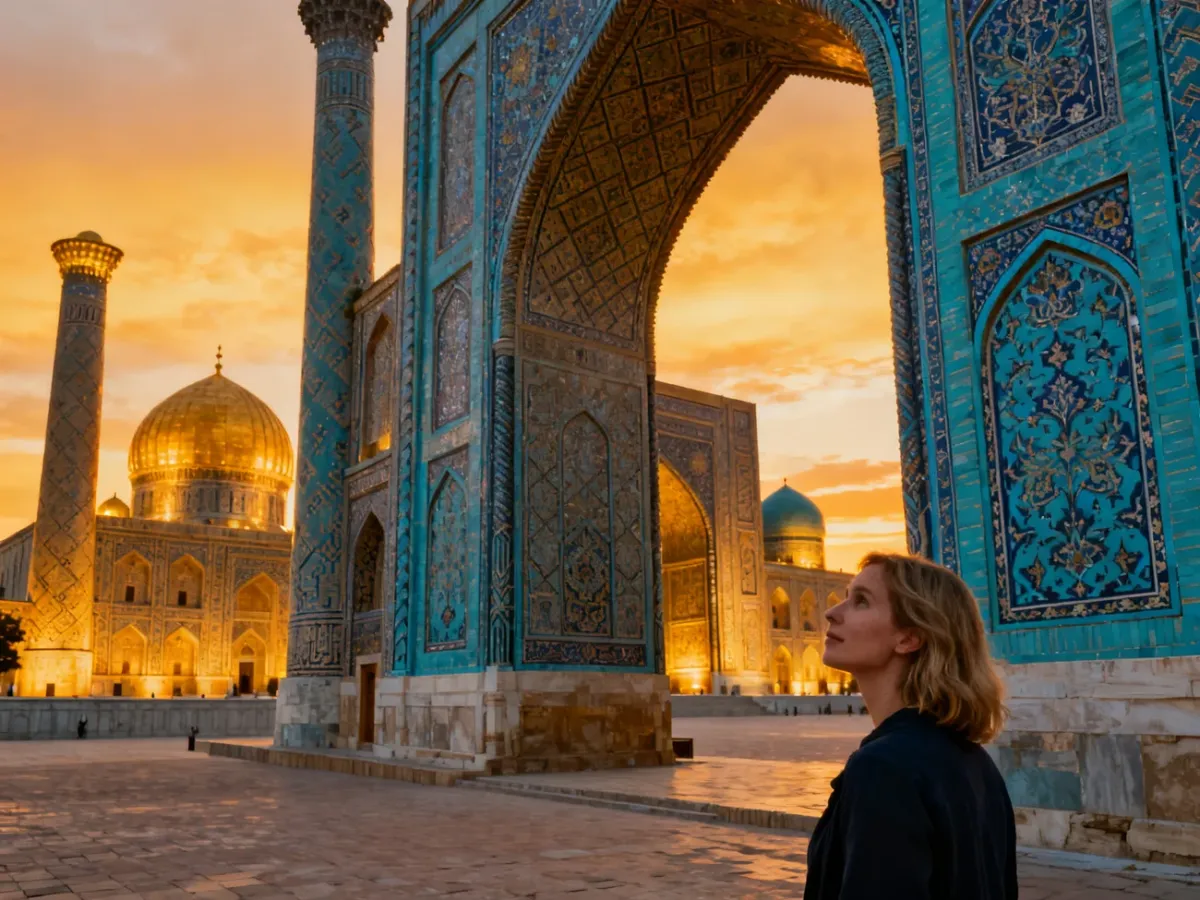Turystka podziwiająca zabytkowe madrasy na placu Registan w Samarkandzie o zachodzie słońca.