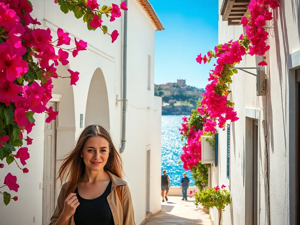 Wąska, urokliwa uliczka w Nafplio z kwitnącą bugenwillą, wenecką twierdzą w tle i widokiem na Morze Egejskie.