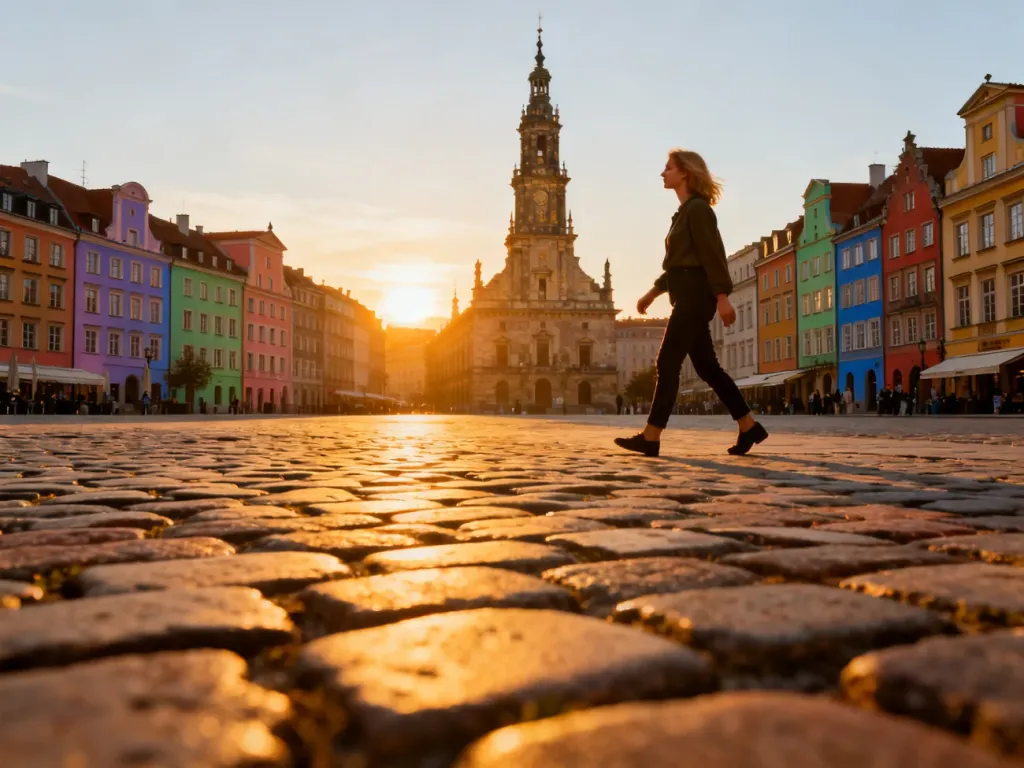 Kobieta spacerująca po Rynku Wielkim w Zamościu o zachodzie słońca, w tle widoczne kolorowe kamienice i ratusz.