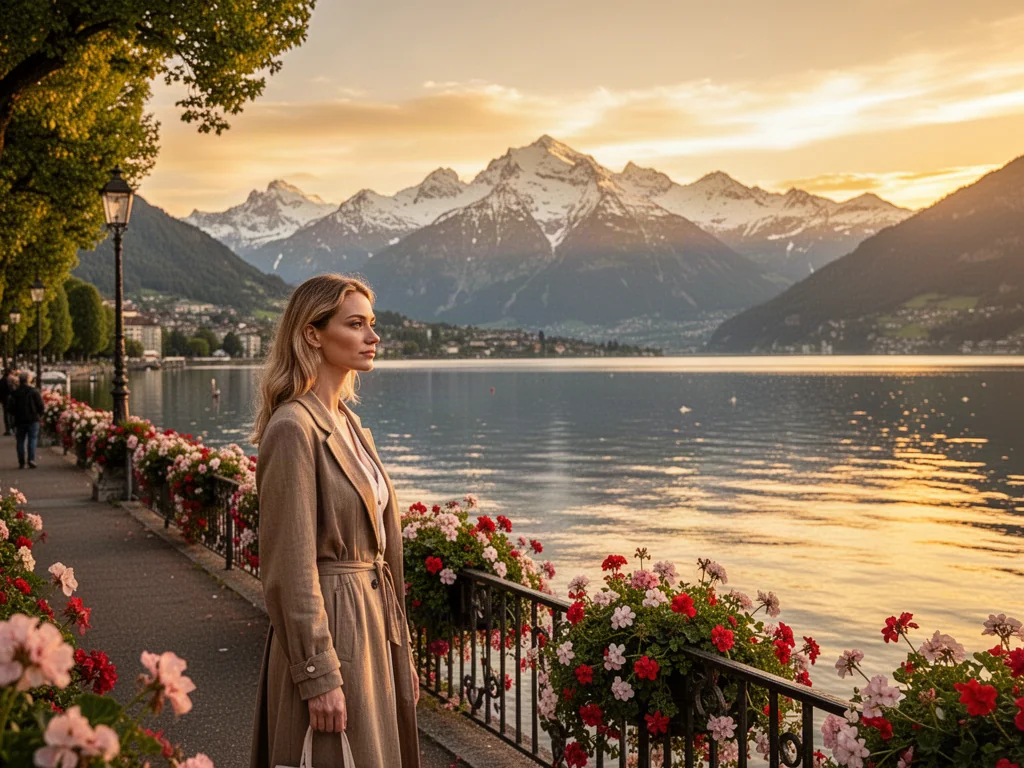 Kobieta podziwiająca zachód słońca nad Jeziorem Genewskim z widokiem na ośnieżone Alpy w Montreux.
