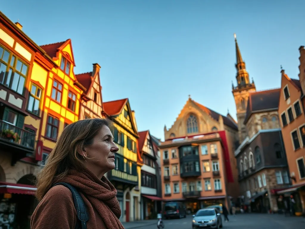 Historyczny rynek w Bardejowie z kolorowymi kamienicami i bazyliką św. Idziego w promieniach zachodzącego słońca.