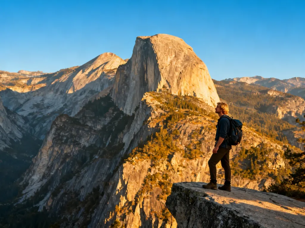 Turysta podziwiający panoramę doliny Yosemite z widokiem na El Capitan i Half Dome w świetle zachodzącego słońca.