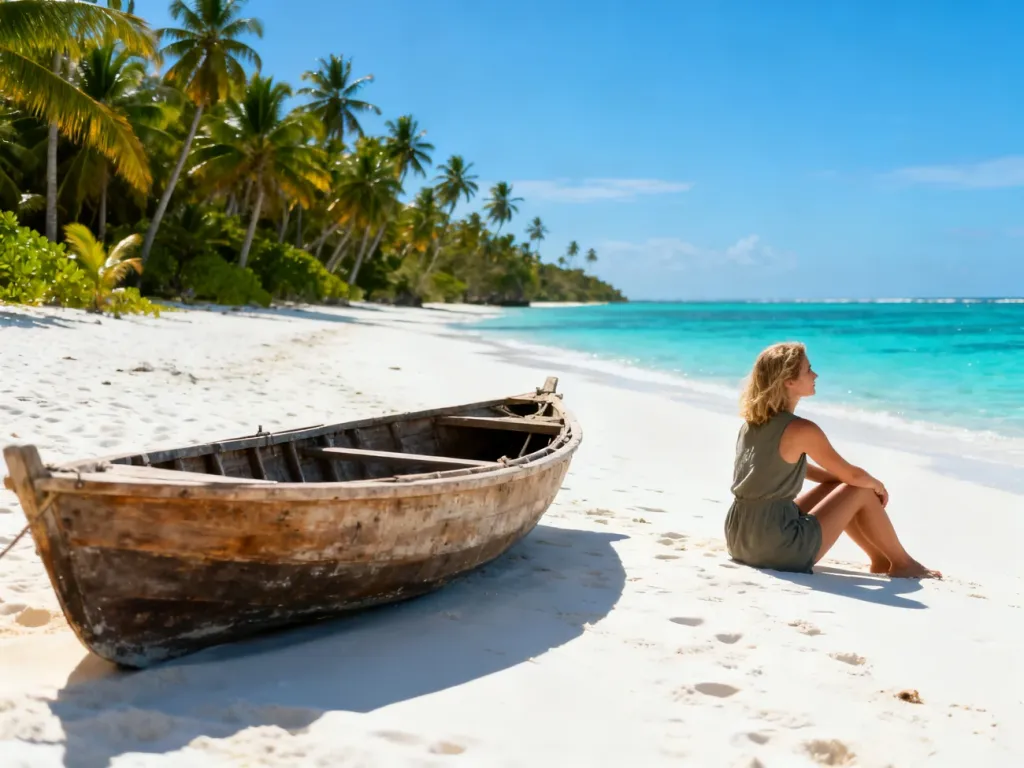 Kobieta wypoczywająca na piaszczystej plaży na Zanzibarze z widokiem na turkusowy ocean i tradycyjną łódź.