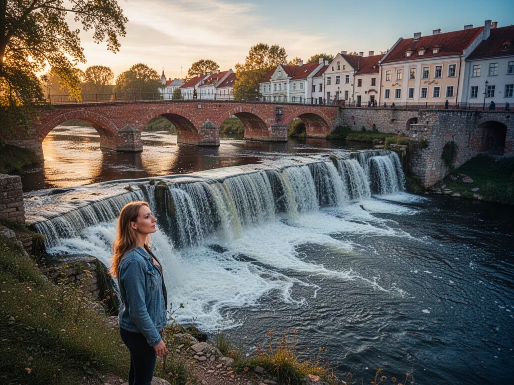 Turystka podziwiająca wodospad Ventas Rumba w Kuldydze, z widocznym w tle zabytkowym mostem i architekturą starego miasta.