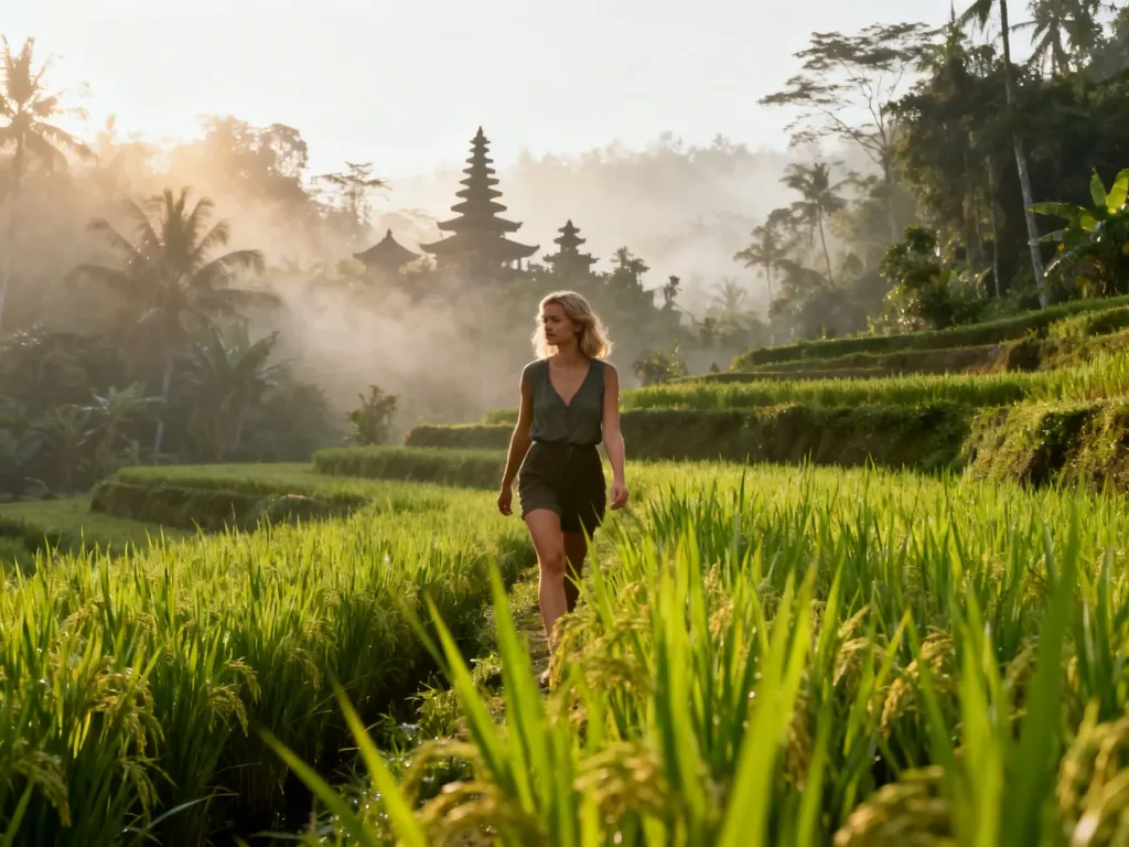 Turystka spacerująca po tarasach ryżowych w Ubud w otoczeniu bujnej zieleni i balijskiej architektury.