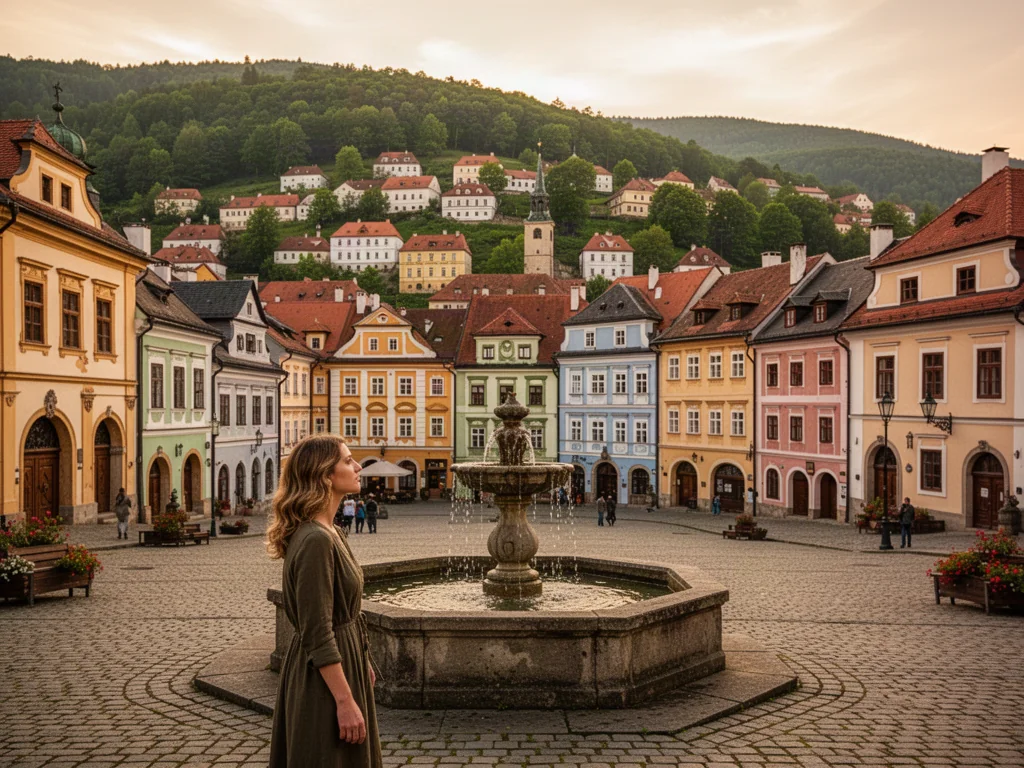 Kobieta podziwiająca zabytkowy rynek w Bańskiej Szczawnicy z kolorowymi kamienicami i wzgórzami w tle.