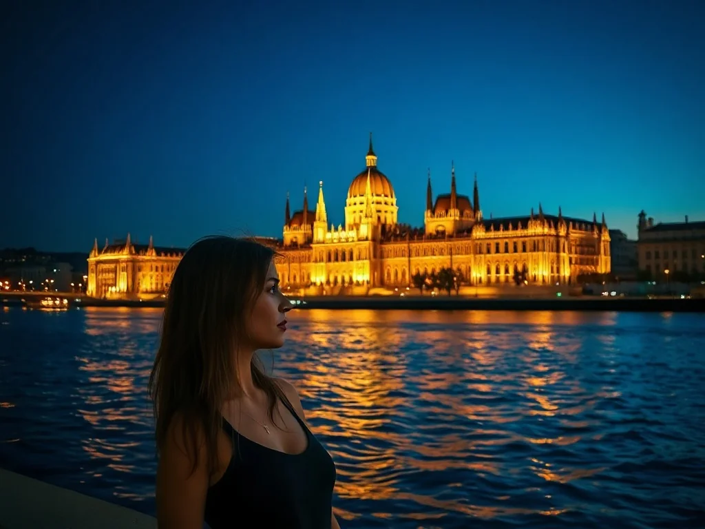 Kobieta podziwiająca oświetlony budynek parlamentu w Budapeszcie nad brzegiem Dunaju o zmierzchu.