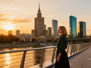 Turystka podziwiająca zabytkowy rynek w Lewoczy z gotyckim kościołem w tle o zachodzie słońca.