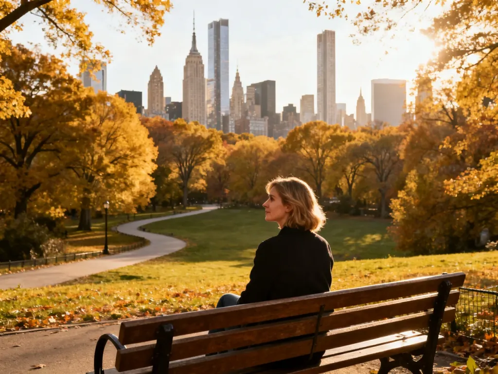 Kobieta siedząca na ławce w Central Parku jesienią, z widokiem na kolorowe drzewa i panoramę wieżowców Manhattanu.