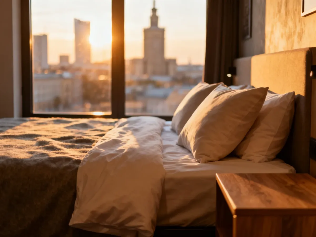 Przytulne wnętrze hostelu w centrum Warszawy z widokiem na panoramę miasta o wschodzie słońca.