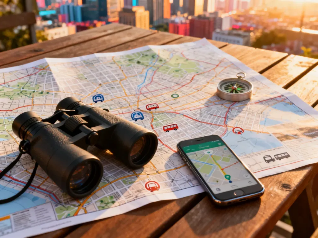Mapa miejska, kompas i smartfon z nawigacją na drewnianym stole, symbolizujące planowanie podróży po mieście.