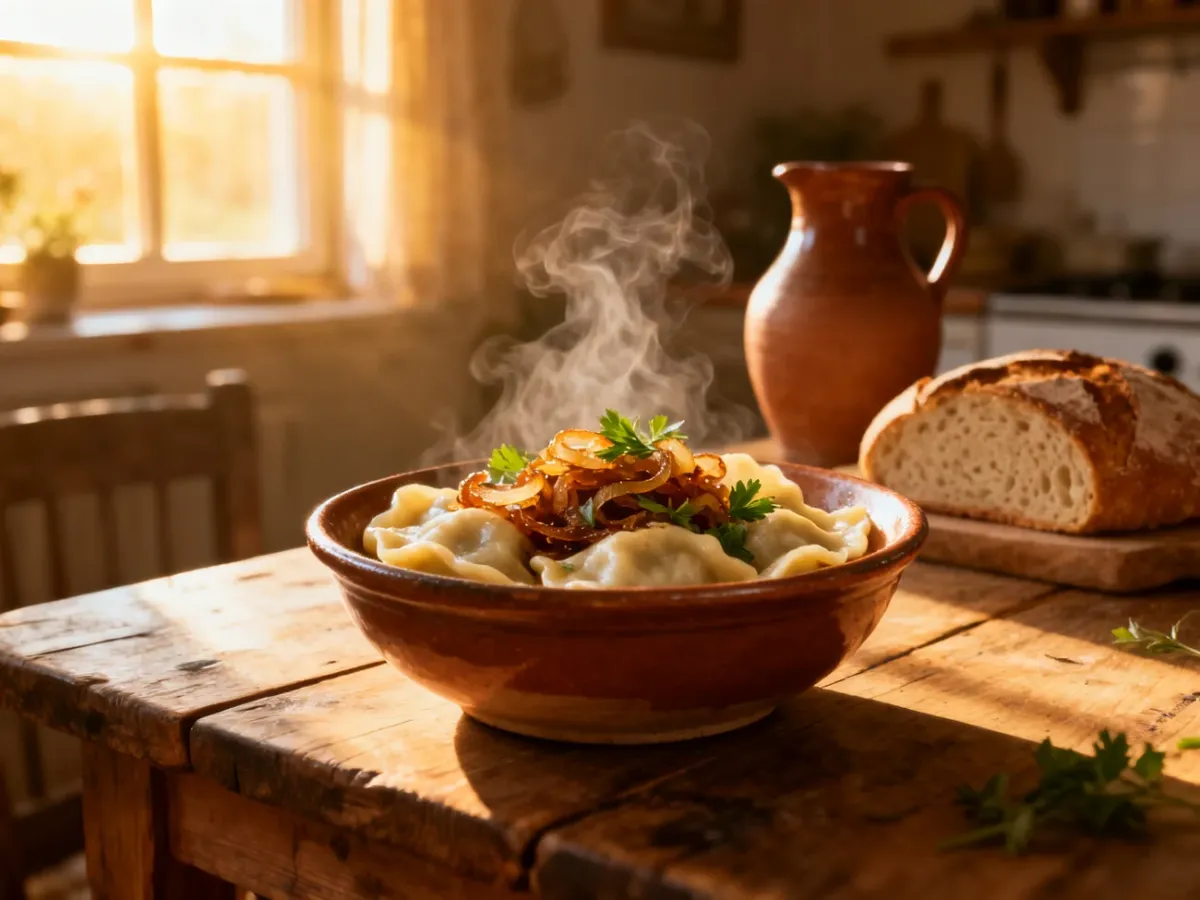 Parujące pierogi z okrasą i ziołami na drewnianym stole w przytulnej kuchni, podkreślające tradycyjny polski smak.