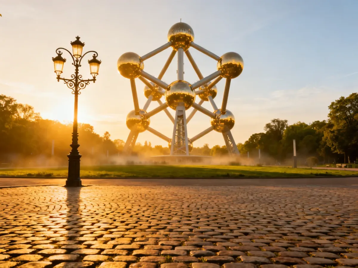 Ikoniczne Atomium w Brukseli oświetlone promieniami zachodzącego słońca, otoczone zielenią parku.