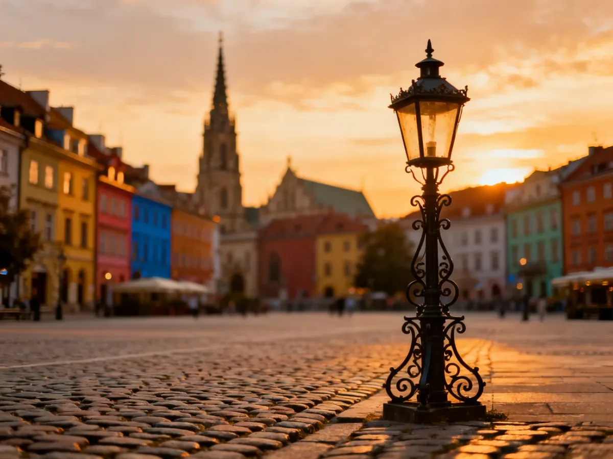 Tętniący życiem europejski plac miejski o zachodzie słońca, zachęcający do wyjazdu na city break.