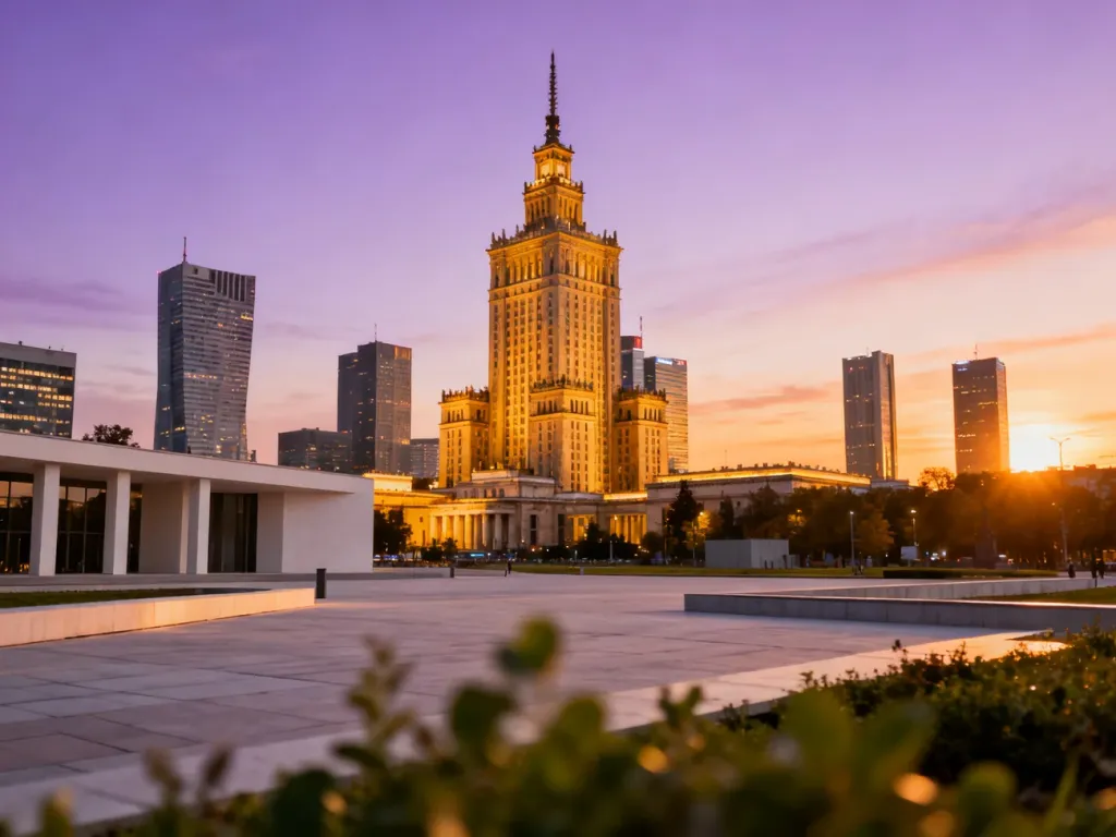 Panorama Warszawy z Pałacem Kultury i Nauki o zachodzie słońca, ukazująca nowoczesną architekturę miasta w ciepłym świetle.