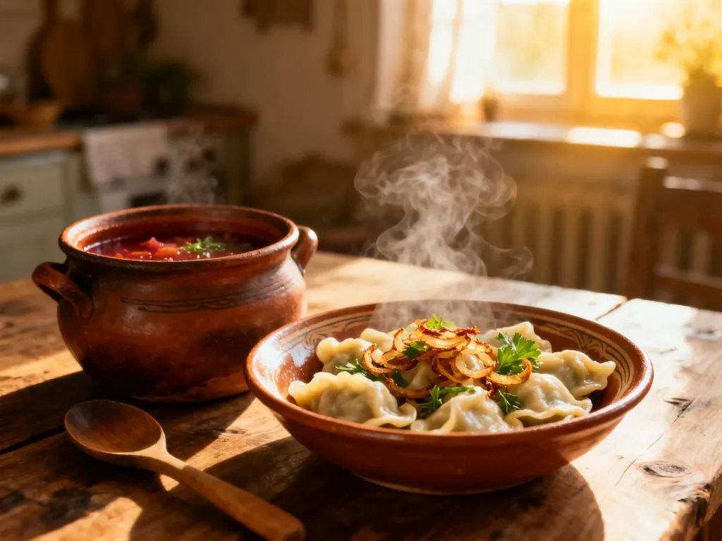 Parujące pierogi z okrasą oraz miska barszczu na rustykalnym stole w słonecznej kuchni.