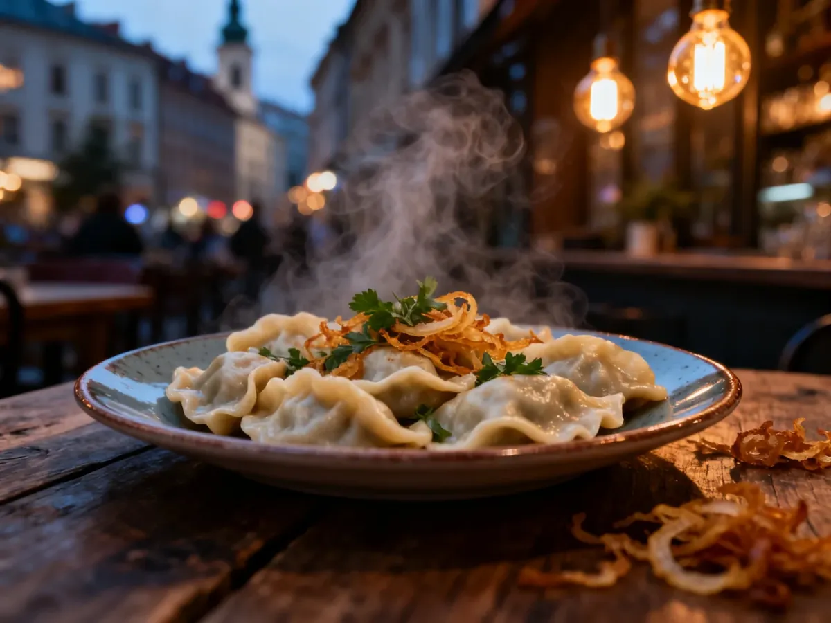 Gorące, tradycyjne pierogi z okrasą serwowane w przytulnym wnętrzu warszawskiego bistro.