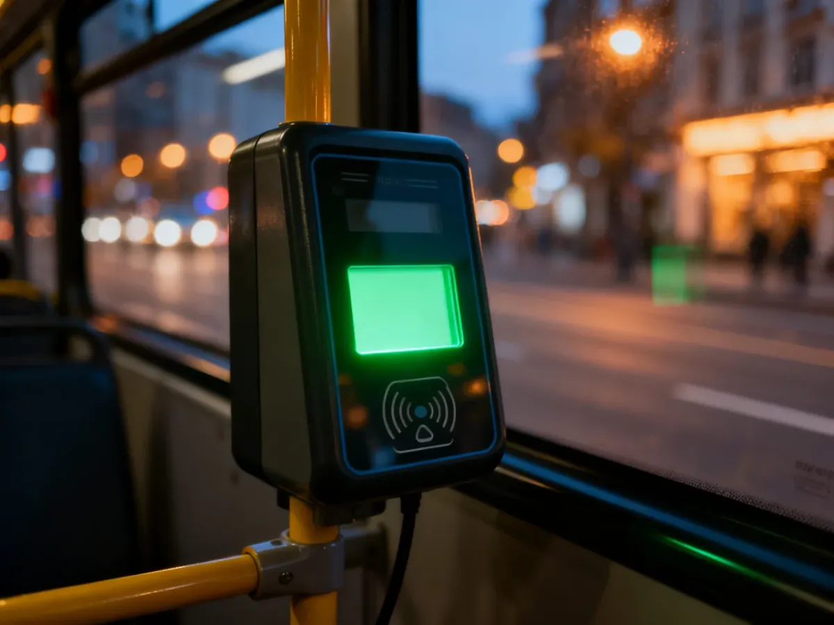 Nowoczesny kasownik biletów w autobusie miejskim z zapaloną zieloną lampką potwierdzającą płatność zbliżeniową.